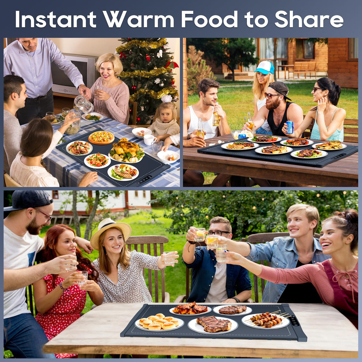 VIPDIGI Food Warming Mat, Large Electric Warming Tray, Silicone Fast Heating Warmer Pad, 6 Temp Adjustable, 6 Timer & Safety Lock, Auto Shut-Off for Countertops Buffets Party Blue