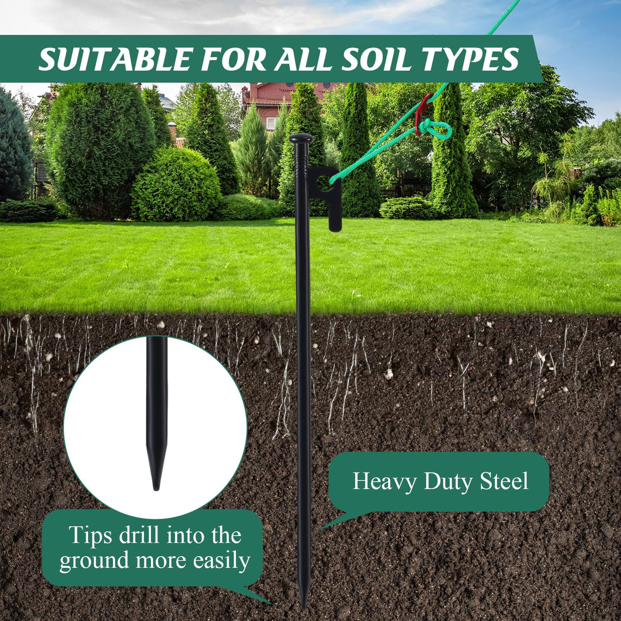 Suzile 60 Pcs Tree Stake Kit, Heavy Duty Tree Staking and Supports for Leaning Trees Include 11. 8'' Steel Stakes 15. 8'' Support Straps 13. 12 ft Ropes for Anchoring Hurricane Protection (Green)