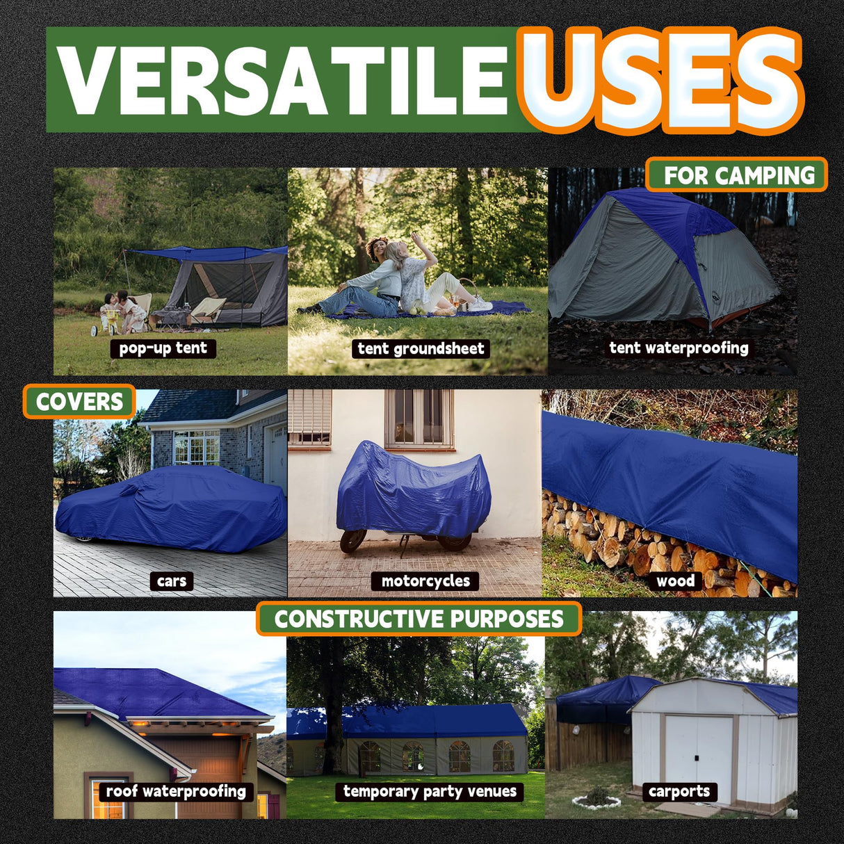 RAINDEWAY Tarps 16x20 Feet 5 Mil Thick Waterproof Blue Tarp Multipurpose Tear Resistant Poly Tarp Cover for Roof Camping Car Patio