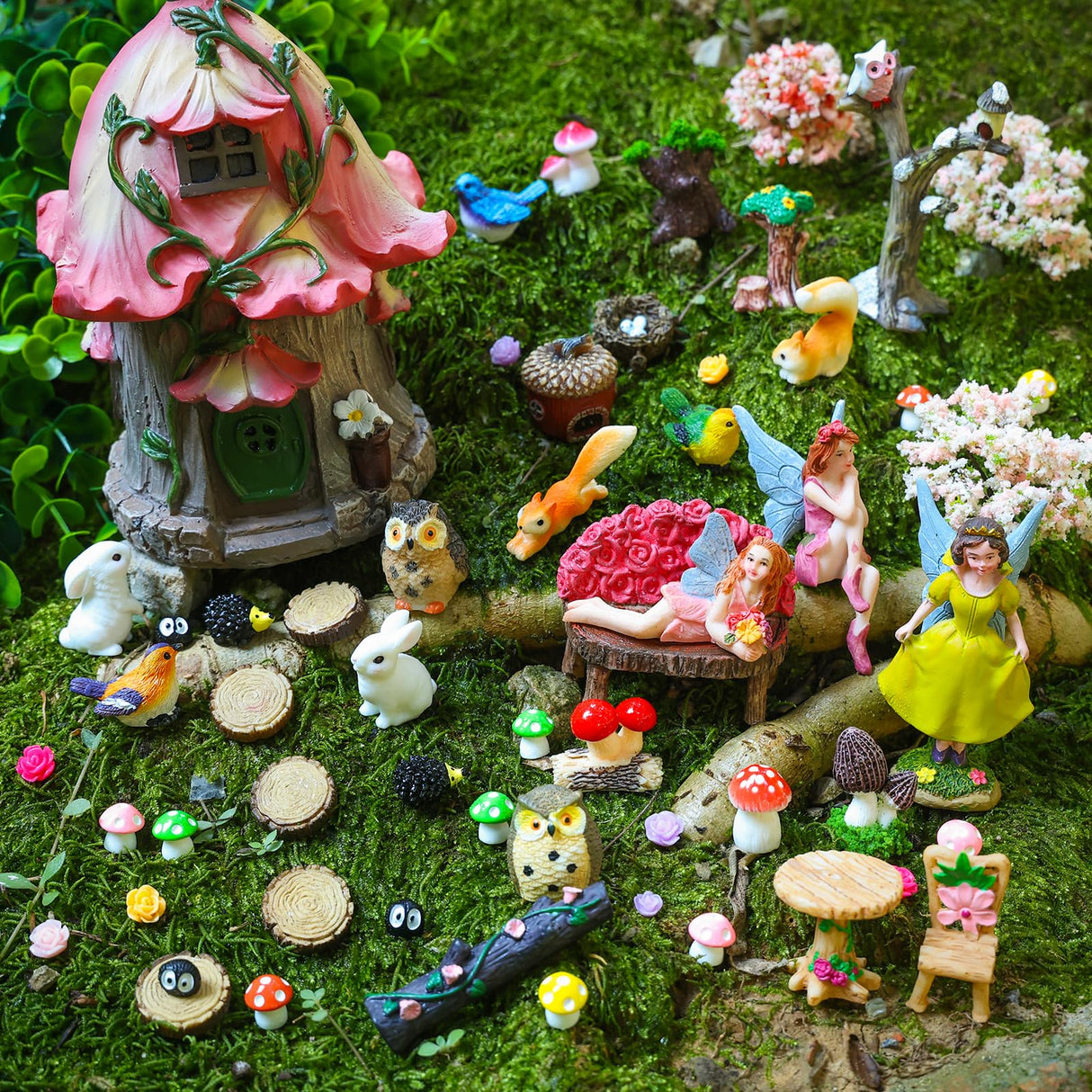 HIYZI 93 Pcs Fairy Garden House Resin Accessories Fairy Elves Kit Miniature Fairy Figurines Ornaments Animals Decor Outdoor for DIY Dollhouse