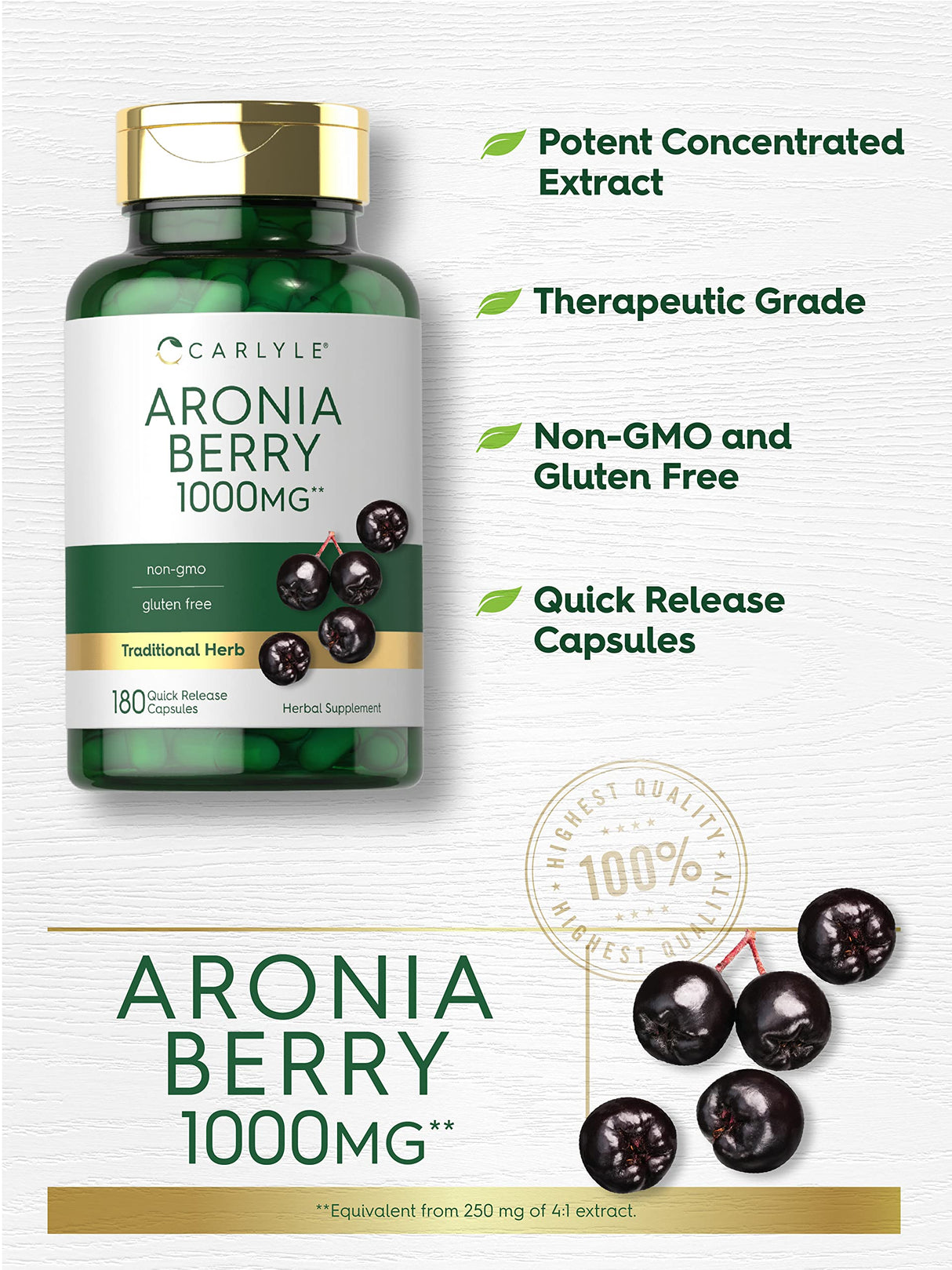 Carlyle Aronia Berry Capsules 1000mg | 180 Pills | Chokeberry Extract | Non-GMO & Gluten Free Supplement