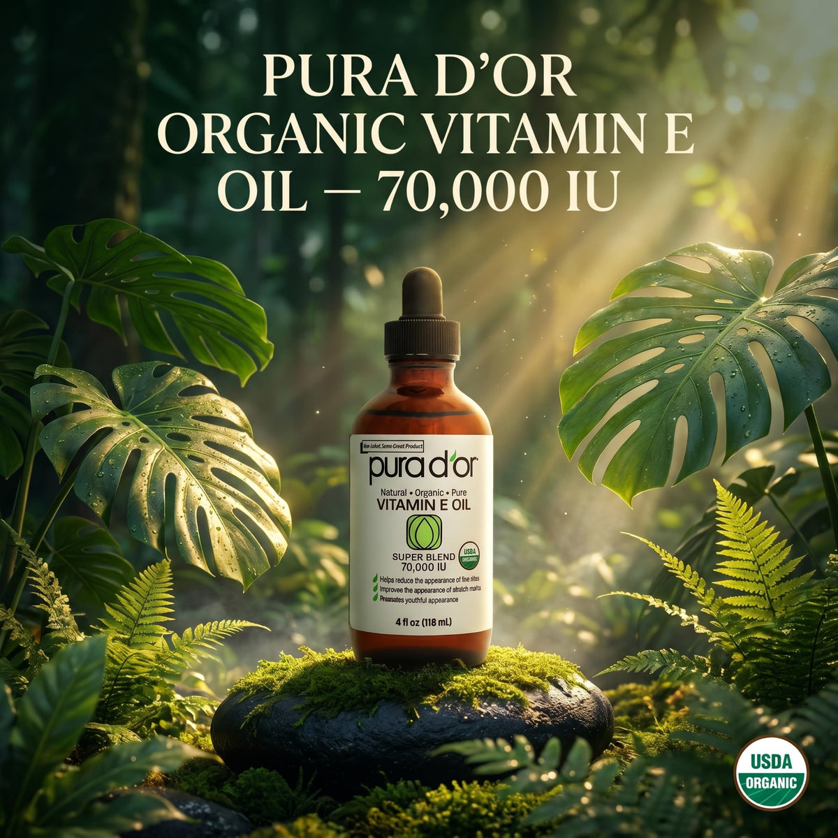 PURA D'OR ORGANIC Vitamin E Oil 70,000 IU for Face, Ayurvedic Skin Care 4oz