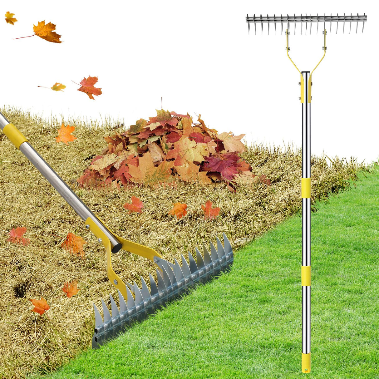 Thatch Rake, 2 in 1 Stainless Steel Garden Rake for Thatch Leaves,55” Heavy Duty 19 Tines Lawn Manual Dethatcher with Adjustable Head,Thatching Rakes for Lawn Yard Grass,Debris Removal, Soil Loosen