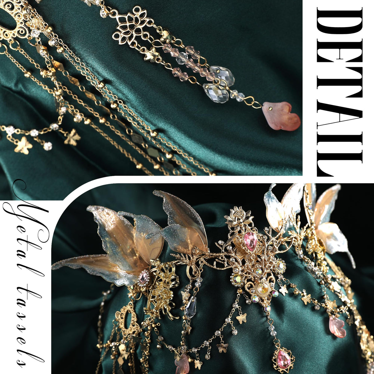 FRESHME Renaissance Butterfly Elf Fairy Crown - Fairy Headband with Pink Butterfly Wings Elf Headpiece with Tassel Elven Tiara Wedding Renfaire Dress Up Cosplay Christmas Accessories for Women