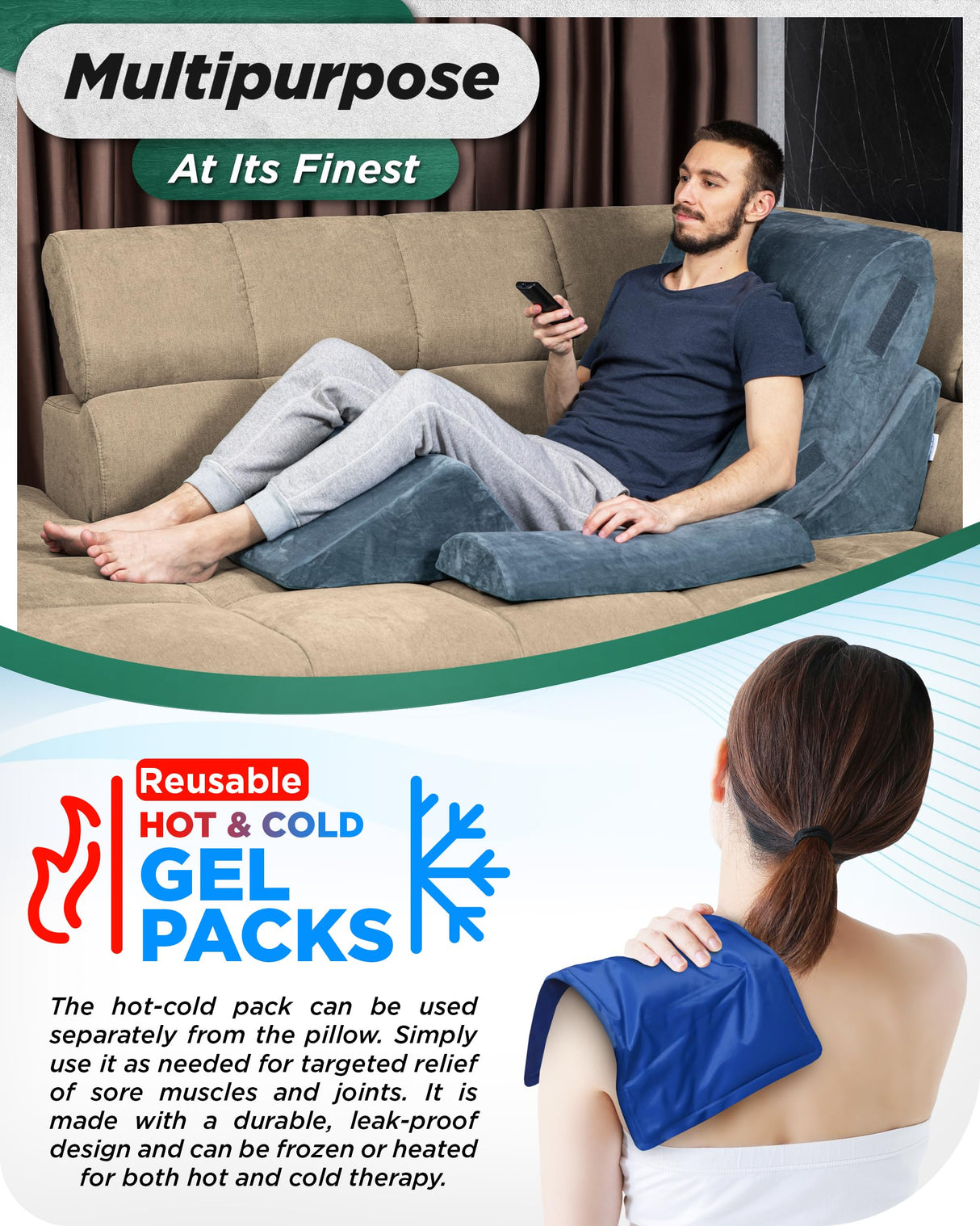 Lunix 4pcs Orthopedic Bed Wedge Pillow Set, Post Surgery Memory Foam for Back, Knee, Leg Pain Relief, Sitting Pillow for Sleeping, Acid Reflux, GERD, with Hot Cold Pack, FSA HSA Eligible, 100% Navy