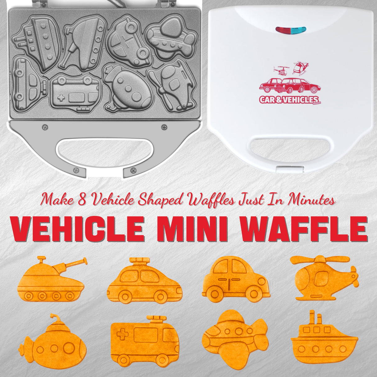 SugarWhisk Car Waffle Maker for Kids, Halloween & Christmas Mini Waffle Maker, 8 Fun Vehicle Shaped Mini Pancake Maker, Non Stick Surface, Excellent Gift, White
