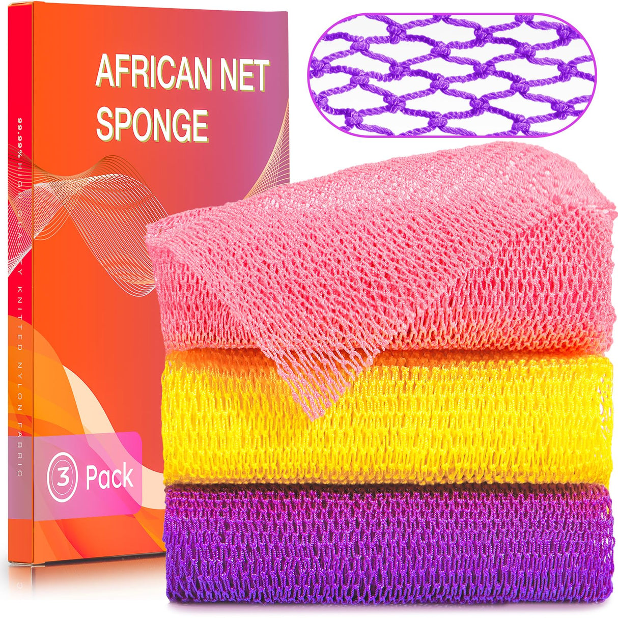 3 Pack African Net Sponge – Real Authentic Exfoliating Bath Sponges for Silky Smooth Skin, Deep Cleansing Mesh for Full Body, Quick-Drying & Travel-Friendly(Yellow Pink Purple)