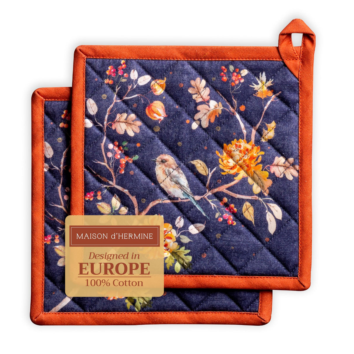 Maison d' Hermine Pot Holders Set 100% Cotton Heat Resistant Potholders 8" x 8" Hot Pads with Loop for Thanksgiving Christmas Decorations BBQ Baking Handling Hot Pans (Pack of 2, Kelim - Infinity)