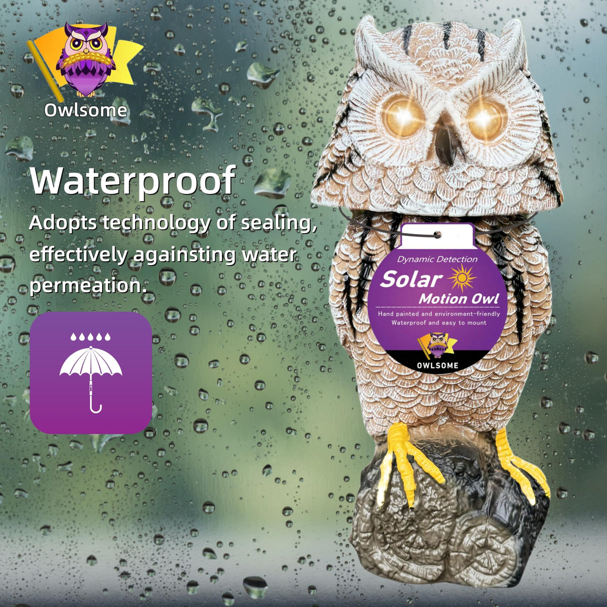 Owlsome Solar Tiger Owl with Flashing Eyes, Rotating Head, Hoot Sound, Motion Detector and Silent Mode, Plastic Owl Garden Sculpture, Garden Decoration