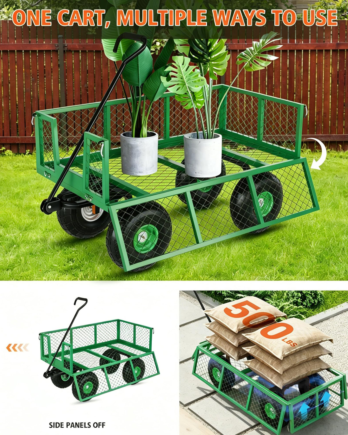 GarveeLife Heavy Duty Steel Garden Cart 500 LBS Capacity 3 in 1 Pullable Garden Wagon with 10 in Wheels for Gardening Soil, Tools, and Plant Transport