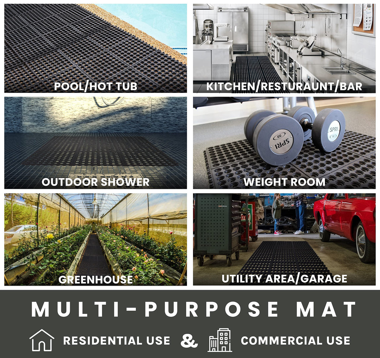 Envelor Interlocking Rubber Floor Mat Restaurant Kitchen Mat for Floor Anti Fatigue Bar Mat Door Mat Non - Slip Mat Indoor Outdoor Shower Pool Drainage Mat Durable Garage Flooring 36 x 36 Inch