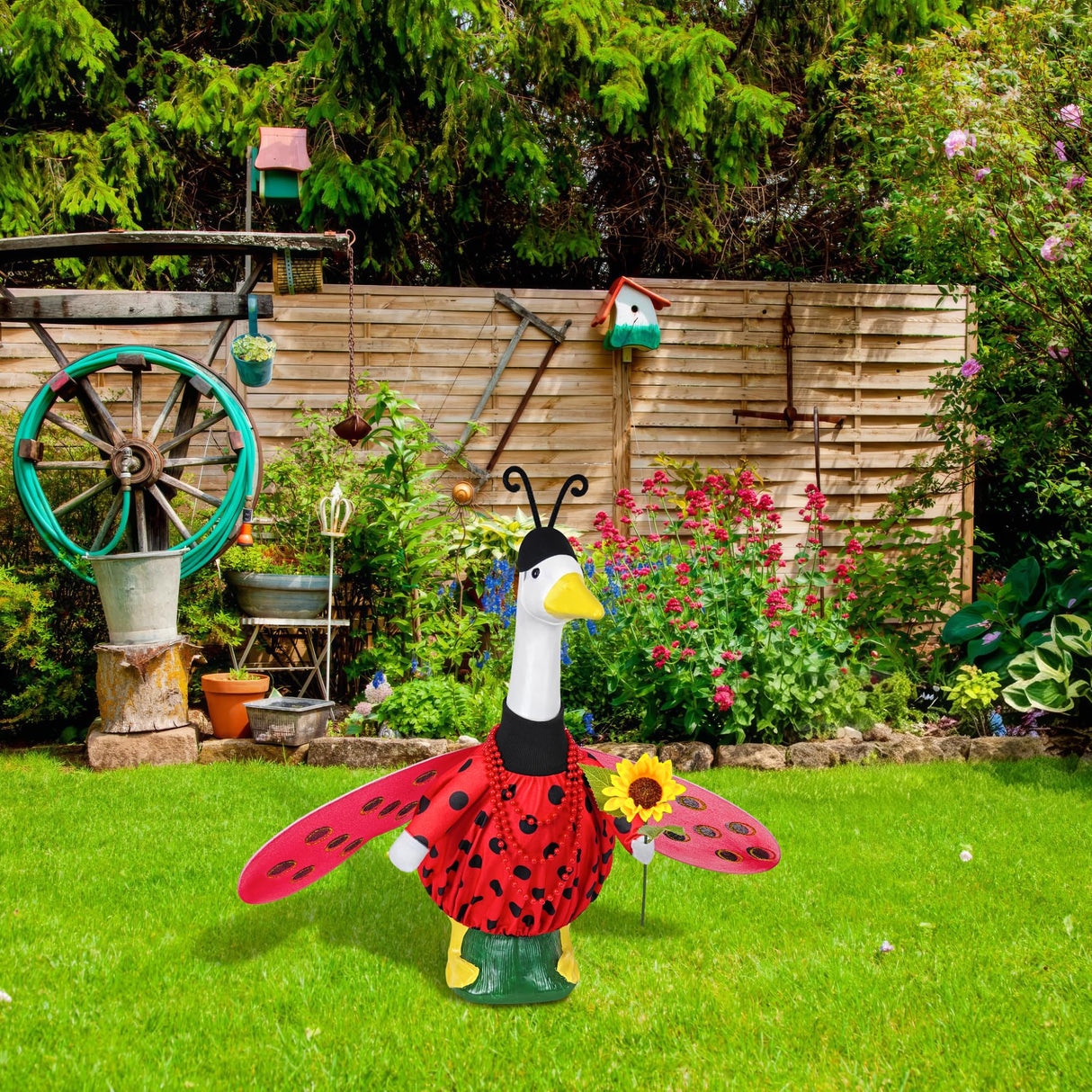 Ueyben Bee Ladybug Porch Goose Outfit, Spring Summer Goose Outfit with Wings Summer Gooses Costume for 23" Lawn Cement Plastic Geese Statue for Garden Yard Decor (Ladybug)
