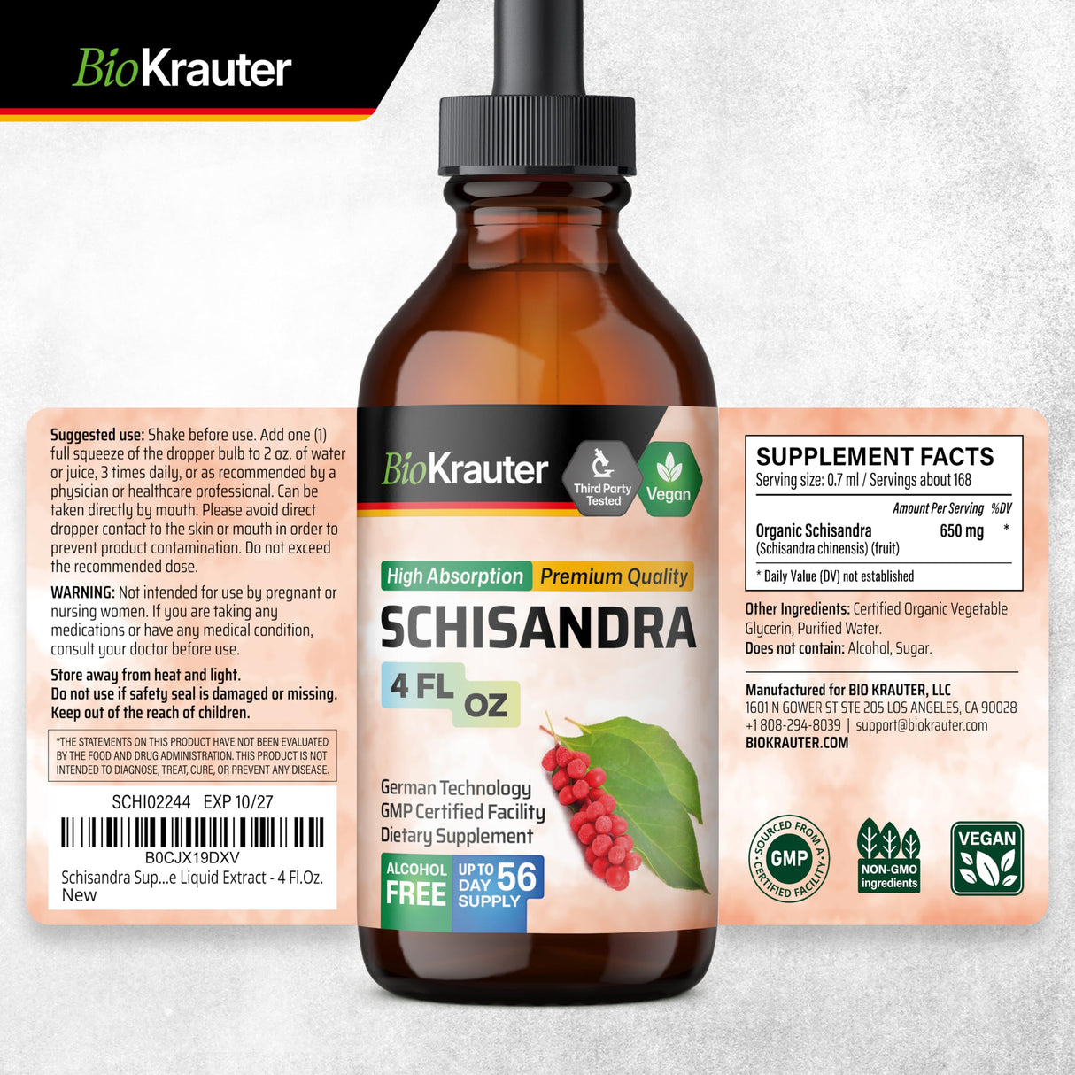 BIO KRAUTER Schisandra Berry Drops - Natural Schisandra Supplement for Mood Support - Alcohol & Sugar Free Extract - 4 Fl.Oz.