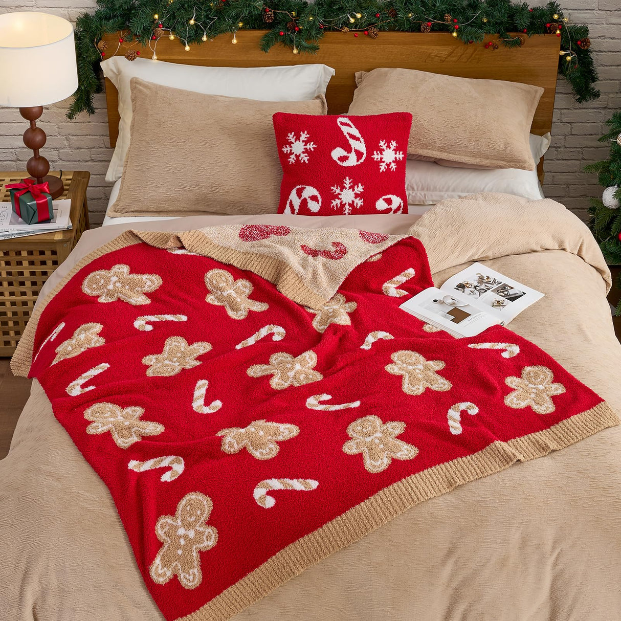 Snuggle Sac Christmas Gingerbread Man Throw Blanket Red Candy Cane Blanket 50x60 inches, Ultra Soft Reversible Cozy Throw Blanket for Couch, Sofa and Bed for Xmas