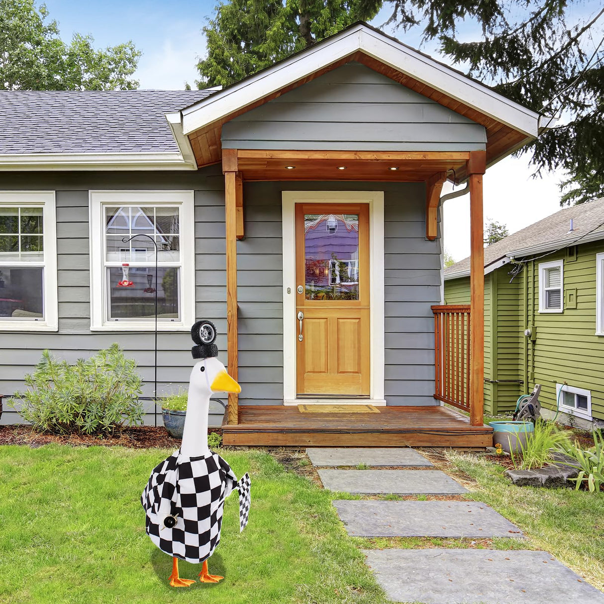CAMDUCK Porch Goose Outfits Geese Race Car Driver Costume Clothing Racer Jumpsuit Clothes Lawn Goose Racing Suit with Tire Cap Flag Trophy Yard Goose Accessories for Garden Outdoor Decor