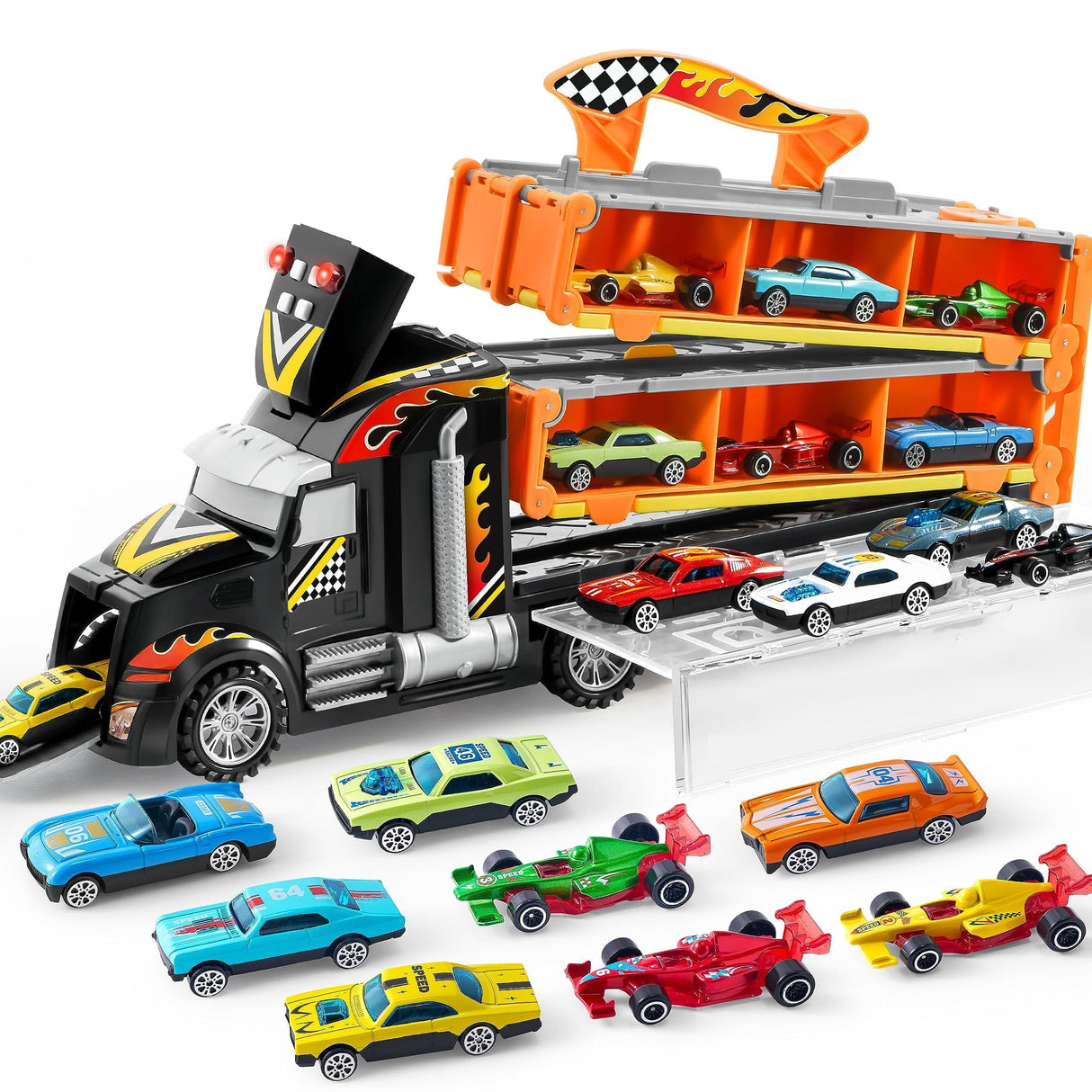 JOYIN Toy Truck for Kids, Race Toy Cars, 60" Extra Long Race Track and 12 Die-Cast Metal Cars, Toddler Carrier Truck with Lights & Sounds, Christmas Birthday Gifts for 2 3 4 5 6 7 Years Old Grandkids