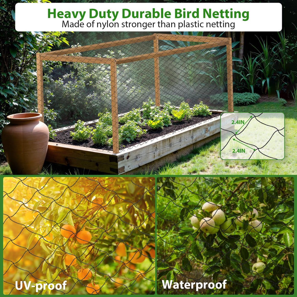 Unves 25 x 100 Ft Bird Netting, 2.4" Square Mesh Bird Net for Chicken Coop