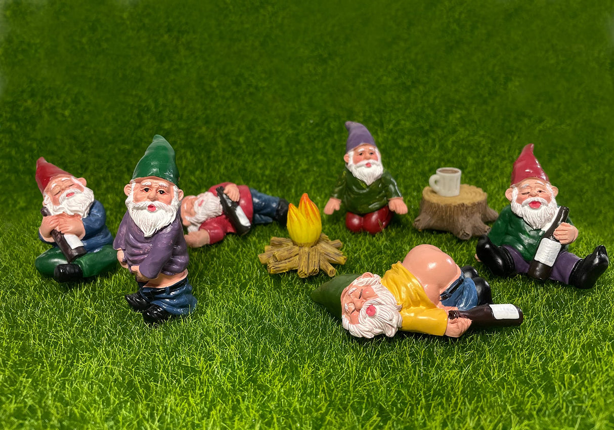 Arggidan 9pcs Miniature Gnomes Sets with Fire and Furniture - for Fairy Garden Decoration and Home Ornament