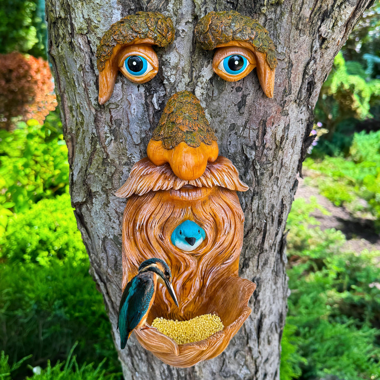 Mood Lab Tree Face Decor with Blue Bird Accent - Outdoor Old Man Face Decoration - Tree Garden Hugger - Yard Art Statue