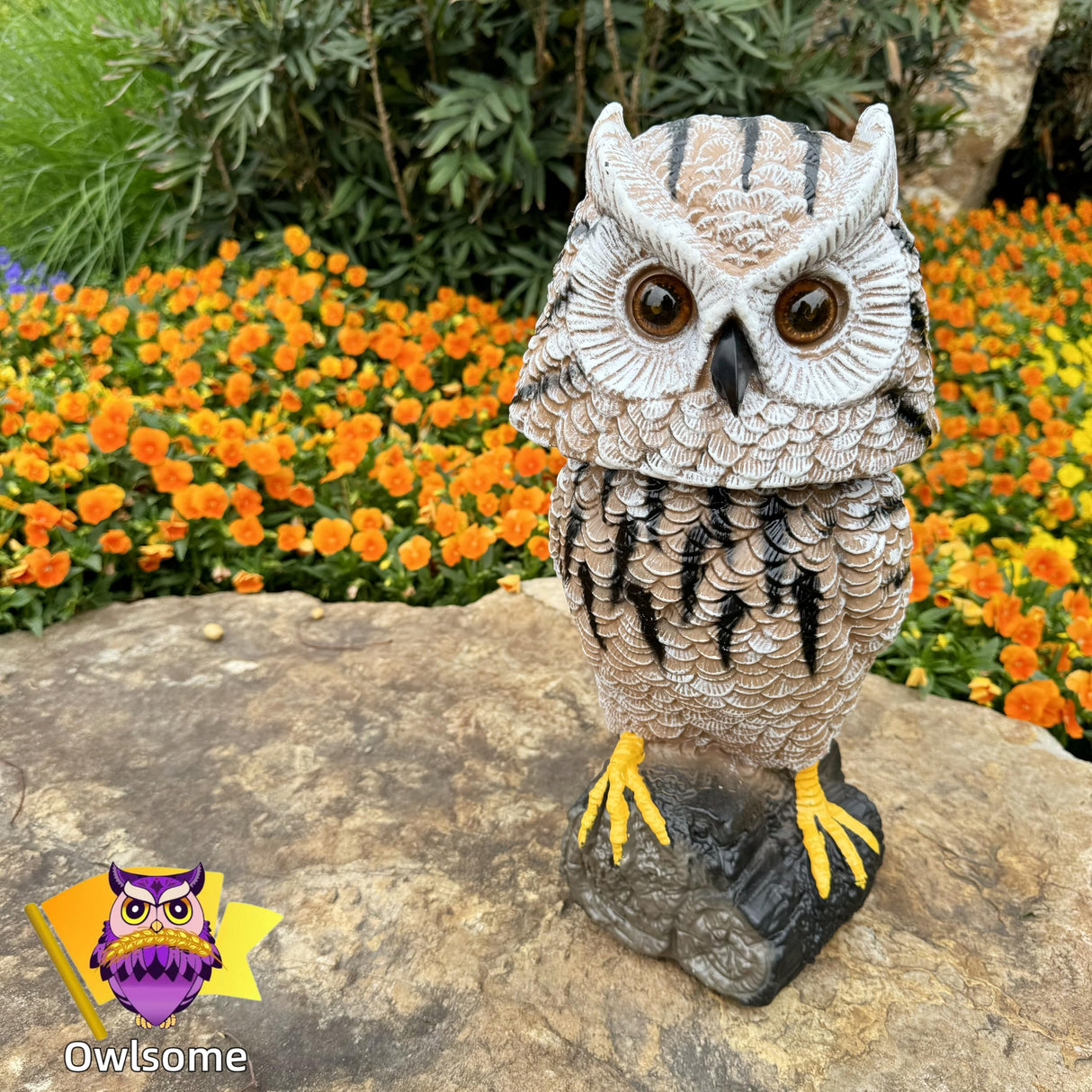 Owlsome Solar Tiger Owl with Flashing Eyes, Rotating Head, Hoot Sound, Motion Detector and Silent Mode, Plastic Owl Garden Sculpture, Garden Decoration