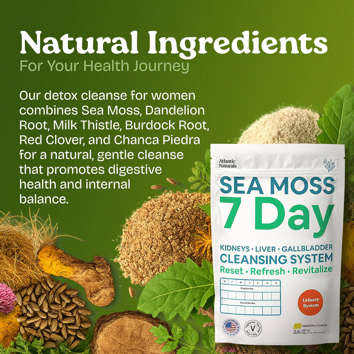 Atlantic Naturals Sea Moss 7 Day Detox Liver, Gallbladder & Kidney Cleanse - Support with Dandelion Root, Milk Thistle, Burdock Root, Red Clover, Chanca Piedra - Pineapple Flavor Drink Mix (14 oz)