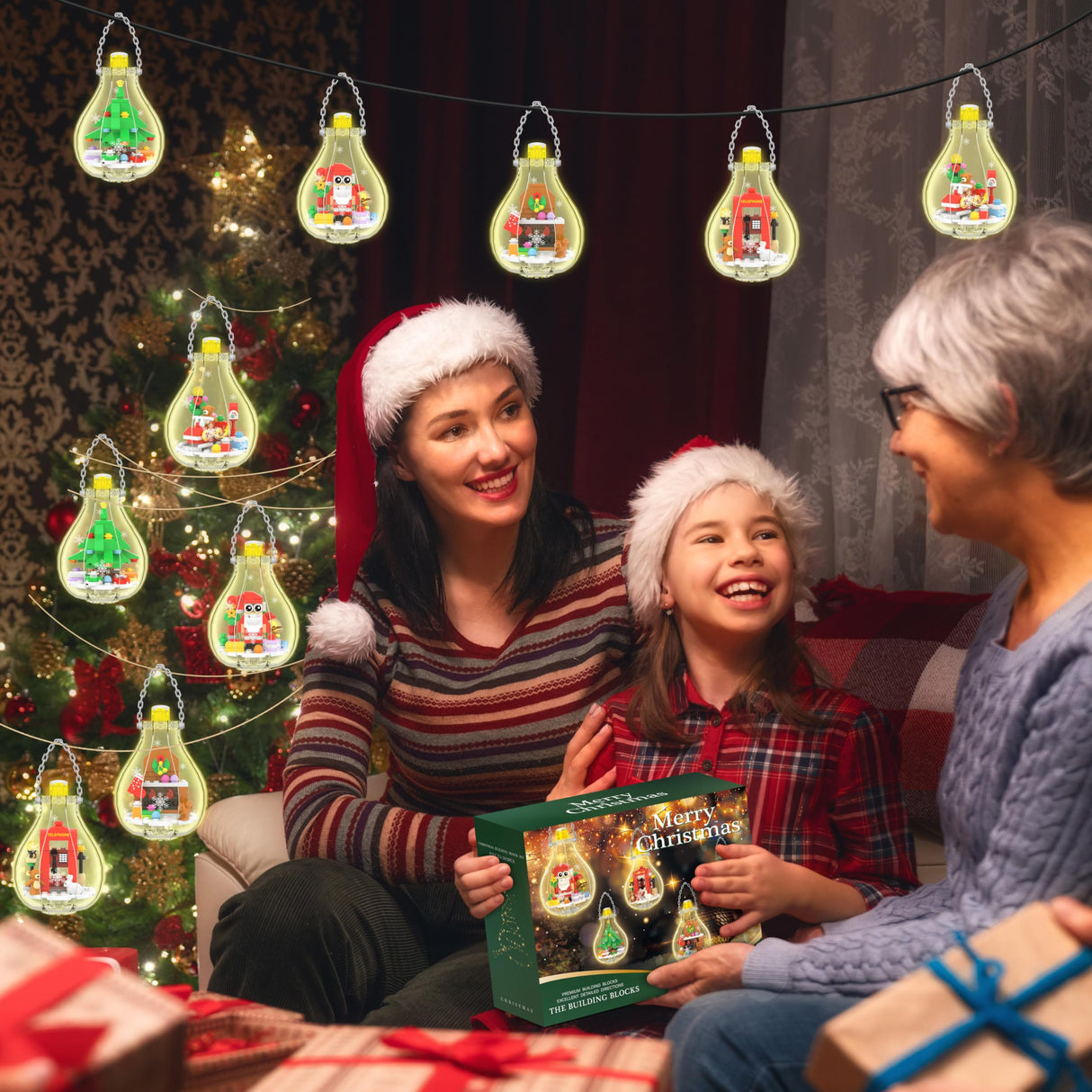 Christmas Ornaments Building Block Set, Compatible with Lego Christmas Tree Decorations Bulbs with Warm Light, Santa Claus Sleigh Phone Booth Fireplace Building Sets Gifts Stocking Stuffers (5 Pack)