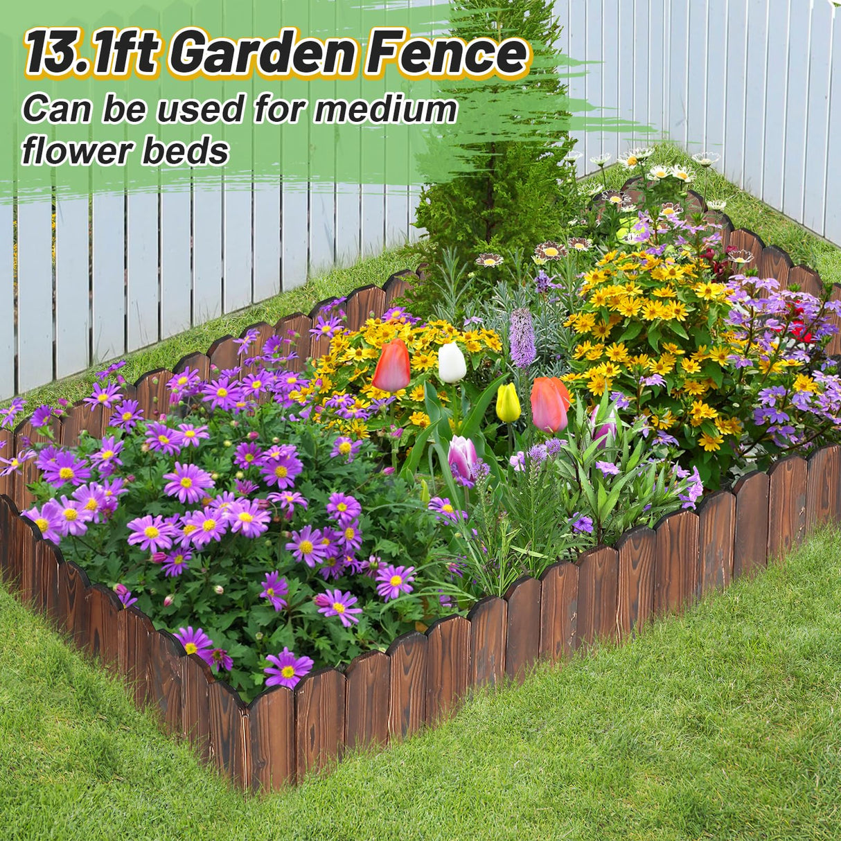 Wooden Garden Edging - 13.1ft x 11.8in Pine Landscape Border, Flexible Weather-Resistant Fences for Decorate Spring Outdoor Patio Yard Lawn Flower Beds