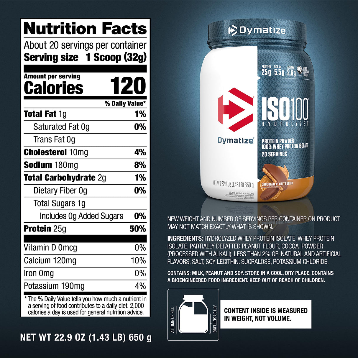 Dymatize ISO100 Whey Protein Powder Isolate, Chocolate Peanut Butter, 25g of Protein, 20 Servings, 5.5g BCAAs, Less Than 120 Cal., Gluten Free, 1g Fat, 1g Sugar, 2g Carb