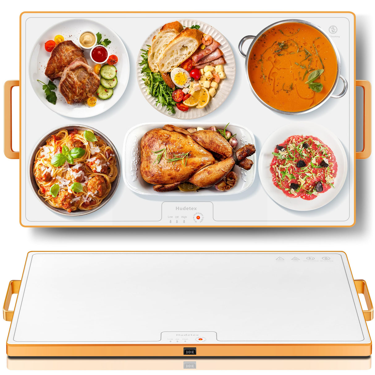Food Warming Mat (XL 24"x16"), Food Warmers for Parties Buffet and Daily Use, Full Surface Warm Evenly Electric Warming Tray with Button Temperature Control, Gold Handles Warming Mat for Food, White