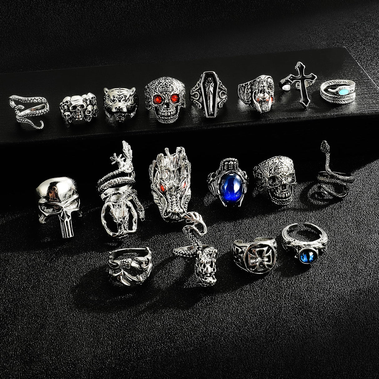 EIELO 24Pcs Vintage Punk Rings Set for Men Cool Gothic Chunky Rings Statement Snake Claw Skull Dragon Eyes of Hell Open Boho Ring Set