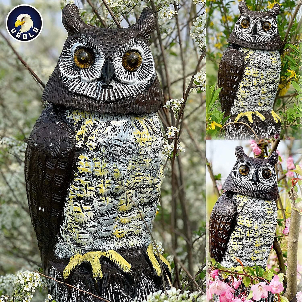 Ugold Solar Powered Owl with Motion Detection, Silent Mode, Flashing Eyes, Rotatable Head and Realistic Hoots, Plastic Owl Decoration for Home, Garden, Patio and Fence