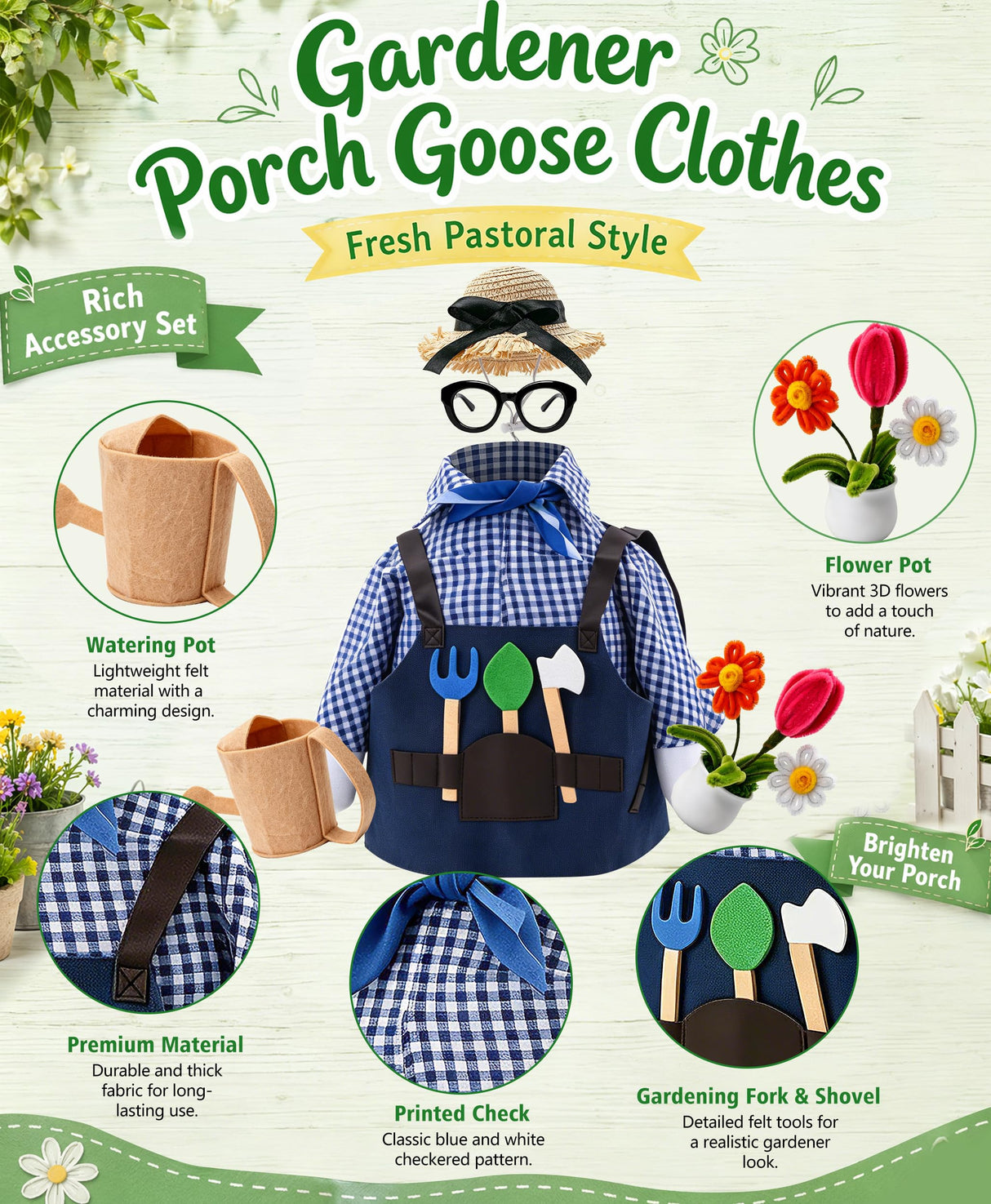 SIQUK Gardener Porch Goose Outfit Porch Goose Clothes Fit 23'' Geese Statue
