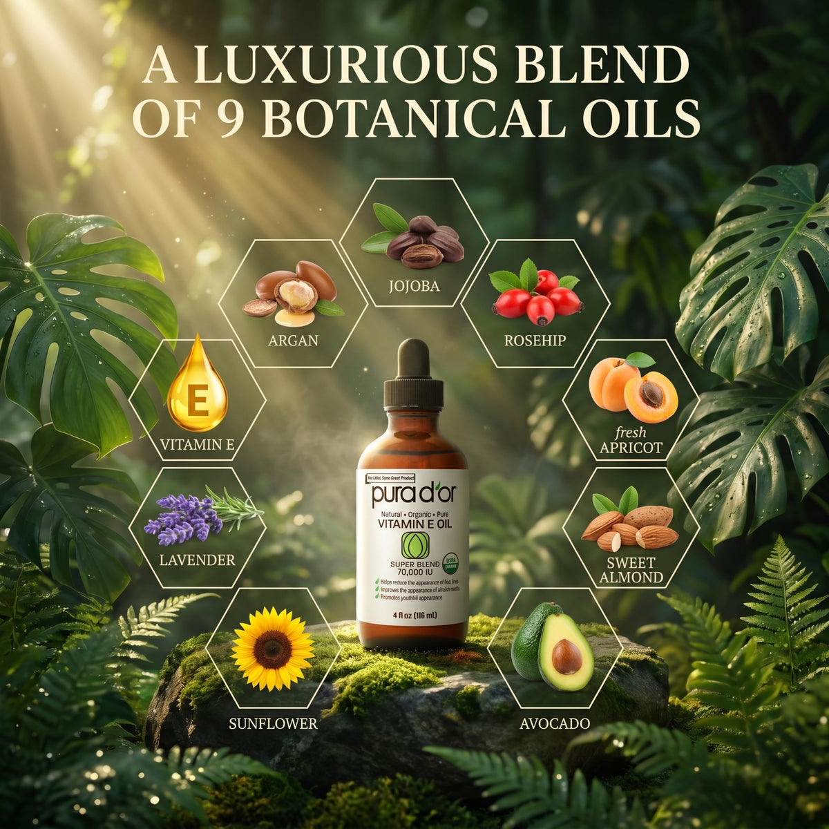 PURA D'OR ORGANIC Vitamin E Oil 70,000 IU for Face, Ayurvedic Skin Care 4oz
