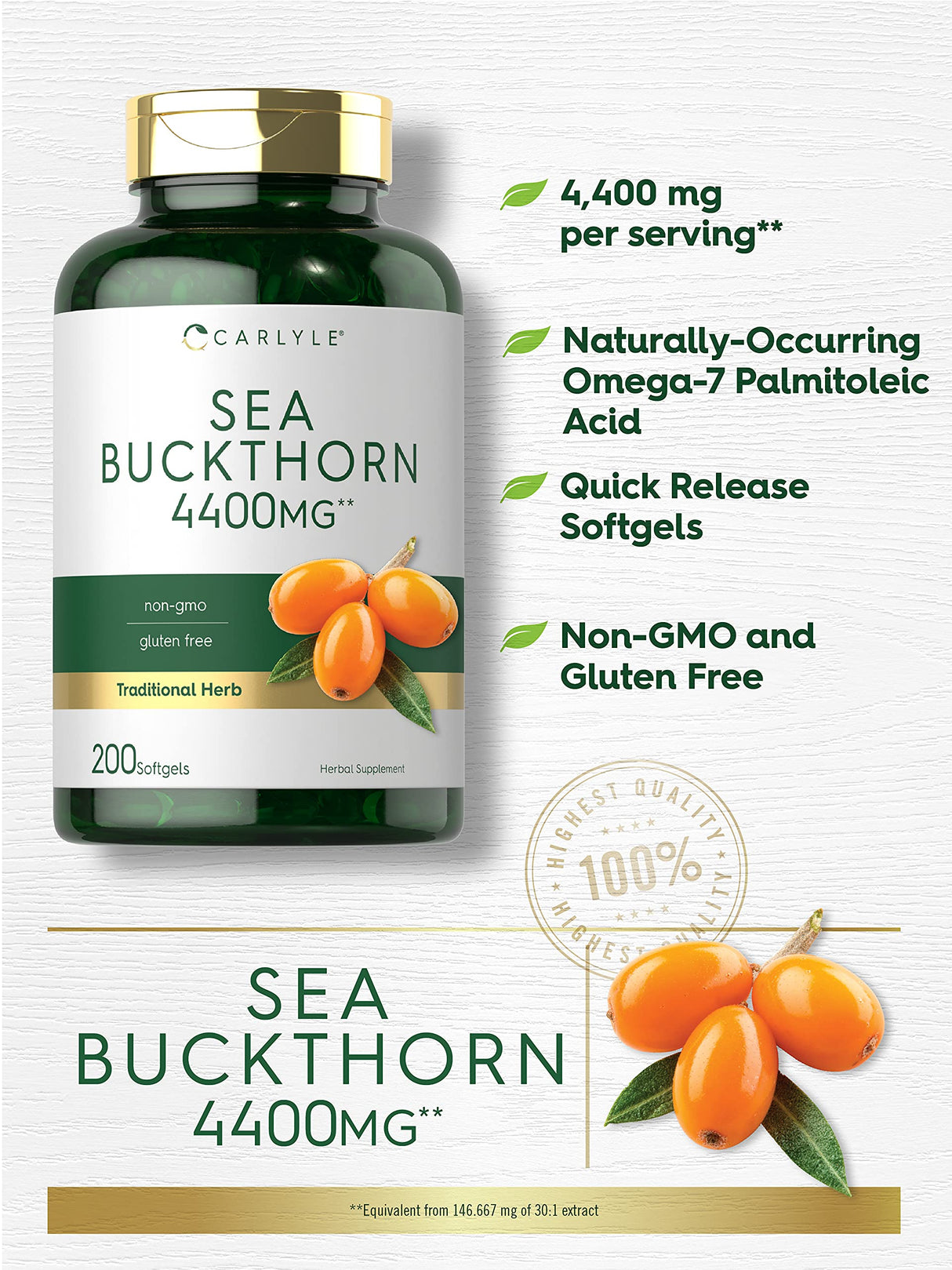 Carlyle Sea Buckthorn Oil Capsules 4400mg | 200 Softgels | Non-GMO, Gluten Free | Sea Buckthorn Berry Oil Supplement
