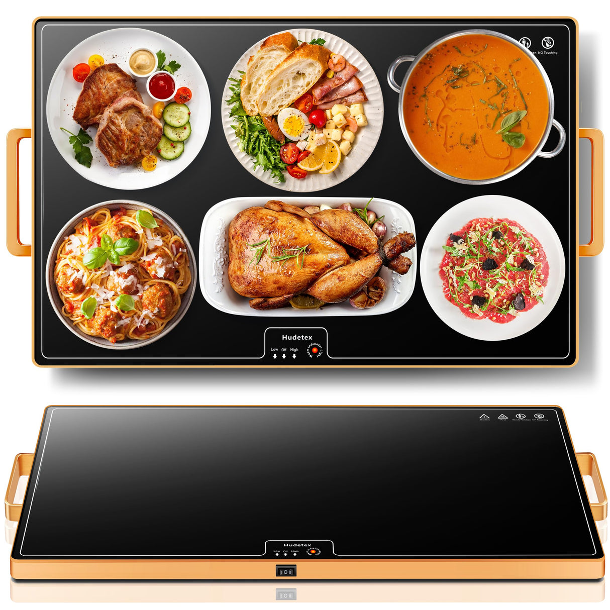 Food Warming Mat (XL 24"x16"), Food Warmers for Parties Buffet and Daily Use, Full Surface Warm Evenly Electric Warming Tray with Button Temperature Control, Gold Handles Warming Mat for Food, Black