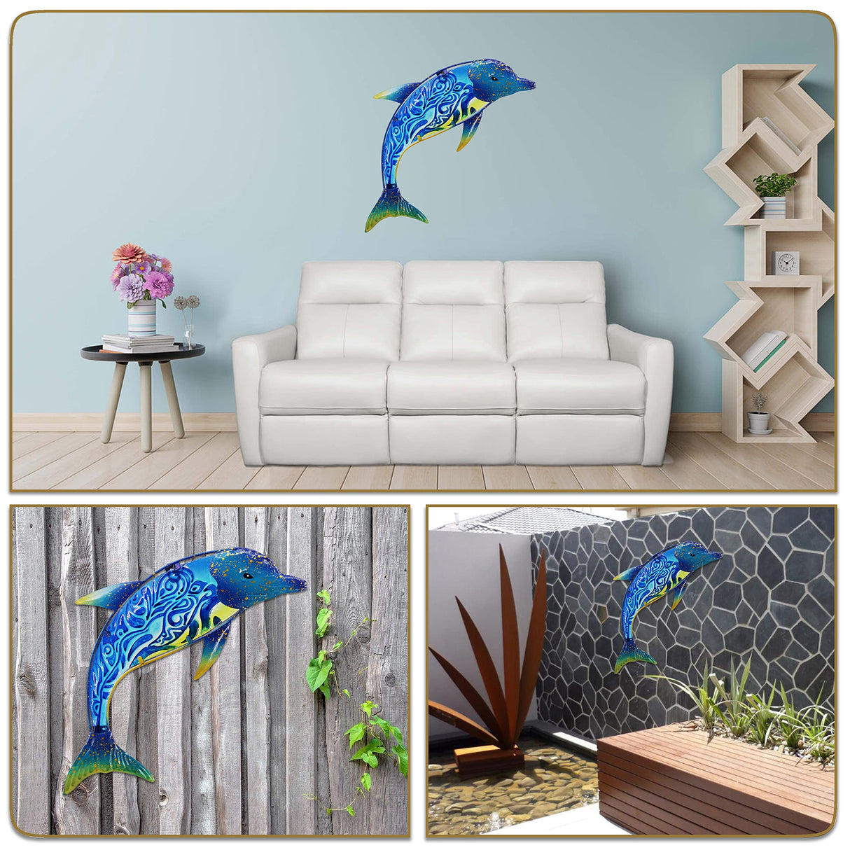 John's Studio Dolphin Wall Decor Outdoor Metal FIsh Sea Hanging Art Glass Sculptures Home Ocean Theme Decorations for Living Room, Bedroom, Yard, Fence and Patio - 17.5 Inches