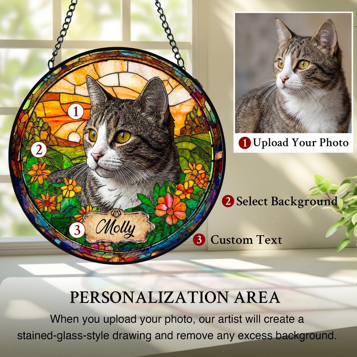 Personalized Pet Stained Glass Suncatcher, Dog Cat Memorial Window Hanging, Sympathy Bereavement Potrait Photo Gift for Loss of Pet, Remembrance Gift for Cat Dog Lovers