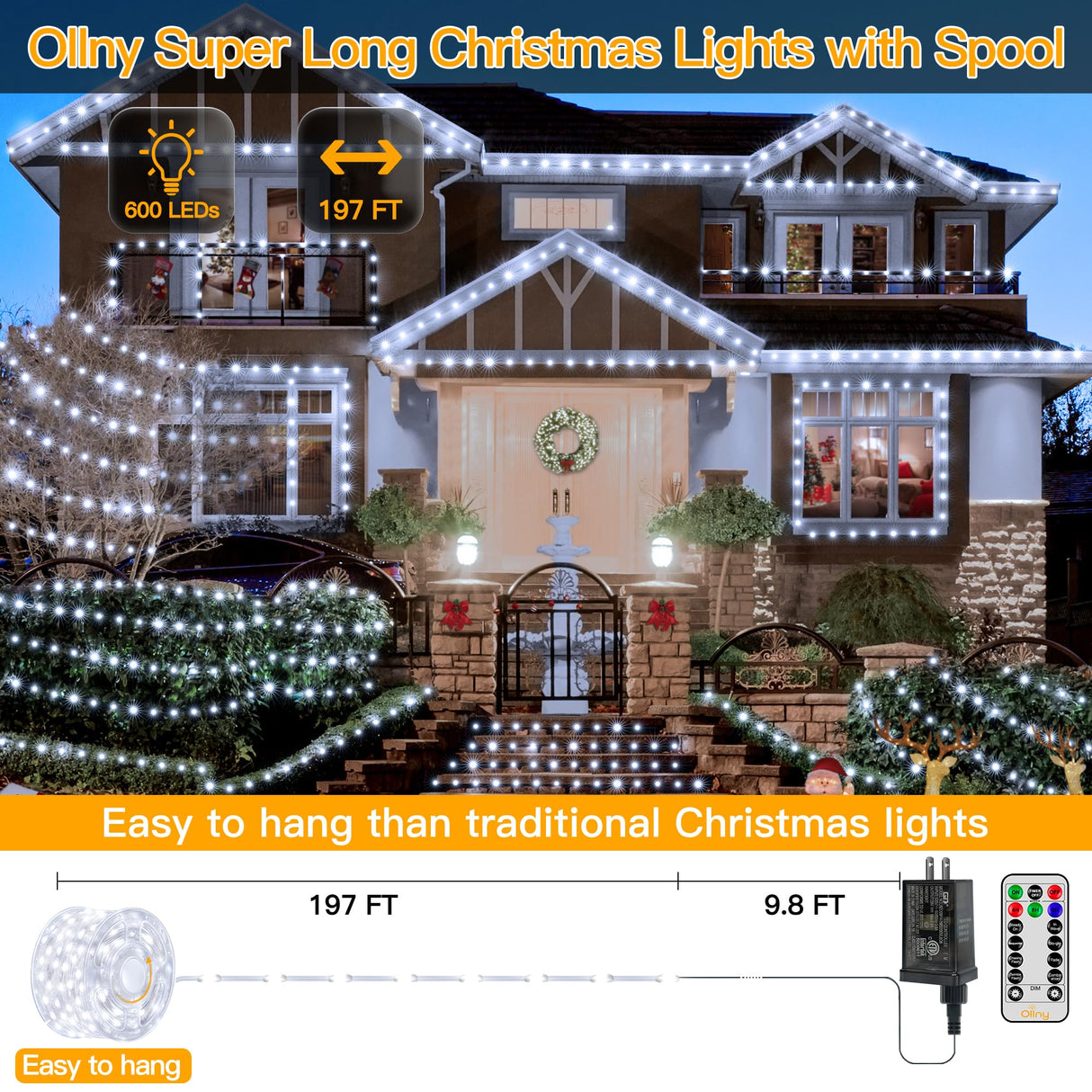 Ollny Christmas Lights Cool White, 600LED 197FT Christmas Tree Lights IP67 Waterproof, Plug in Fairy Lights with Remote 8 Modes Timer, Xmas Light for Outdoor Indoor House Holiday Decor