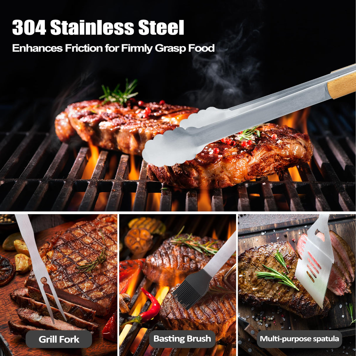 Dad Birthday Gifts from Daughter Heavy Duty Wooden BBQ Grilling Accessories Kit for Backyard, Thick Stainless Steel Grill Utensils with Non-Slip Handle Tools in Portable Bag Christmas