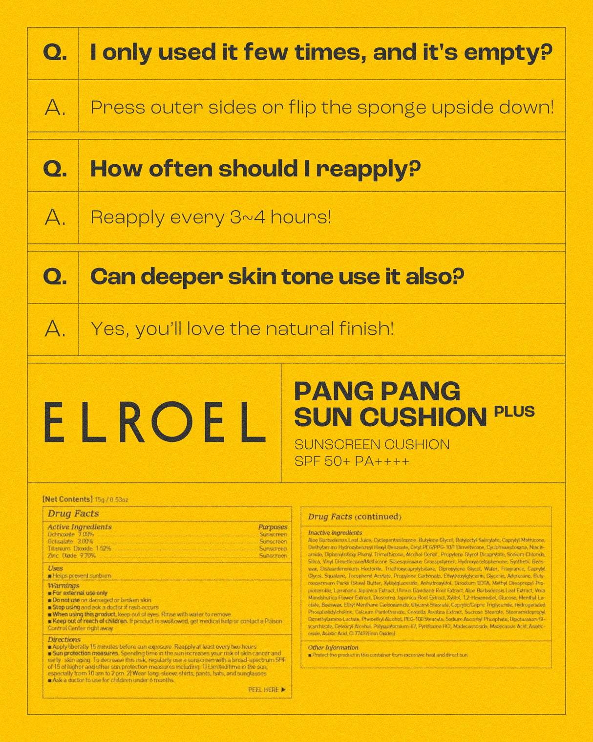 ELROEL Pang Pang Sun Cushion Plus - Korean Hypoallergenic & Lightweight Sunscreen with Puff Sponge - Broad Spectrum SPF50+ PA++++ (0.53 oz)