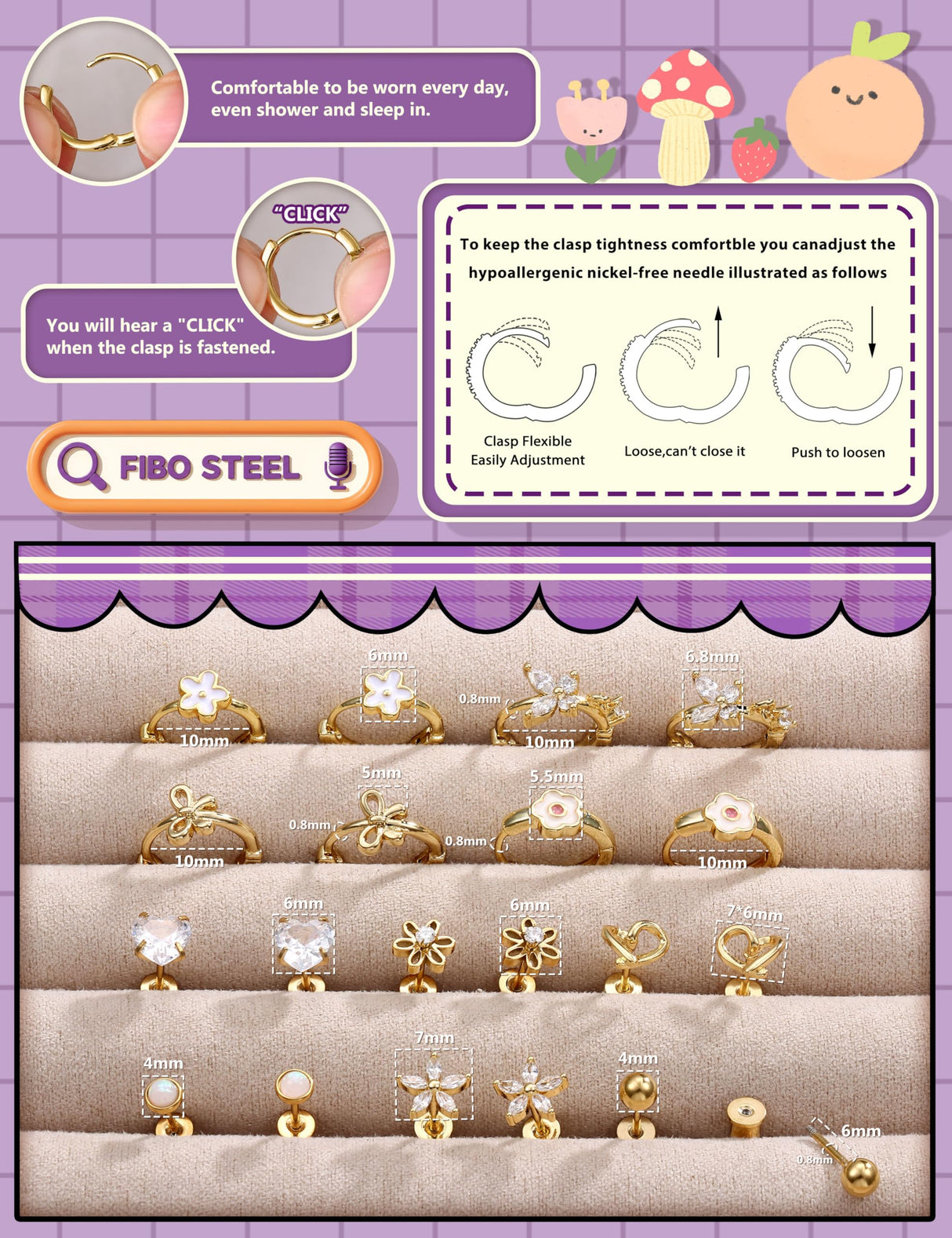 Hypoallergenic Screw Back Earrings for Girls Women - Surgical Steel 14K Gold Plated Cute Toddler Little Girl Kids Earrings for Sensitive Ears Heart CZ Flower Stud Hoop Earring Sets 10 Pairs
