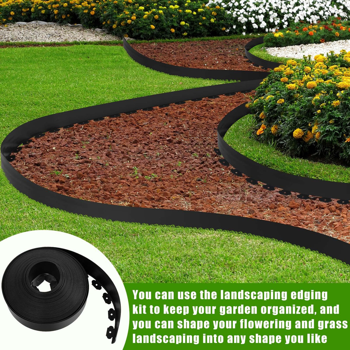 Chapou 6'' x 100' Landscape Edging Kit Plastic Garden Edging Border Coil No Dig Include 90 Anchoring Spikes for Lawn Garden Grass Yard Home School, Black