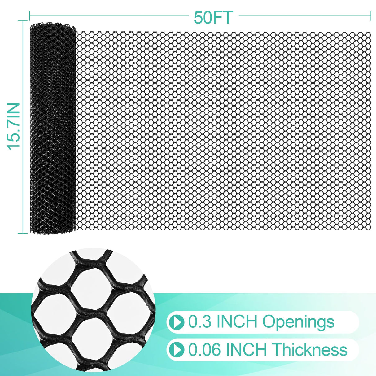Plastic Mesh Fence Sheet 15.7IN x 50FT - 0.3IN Opening Plastic Chicken Wire Netting Roll Durable for Dogs, Poultry, Puppy, Garden Snake Barrier with 50 Pcs Zip Ties - Black