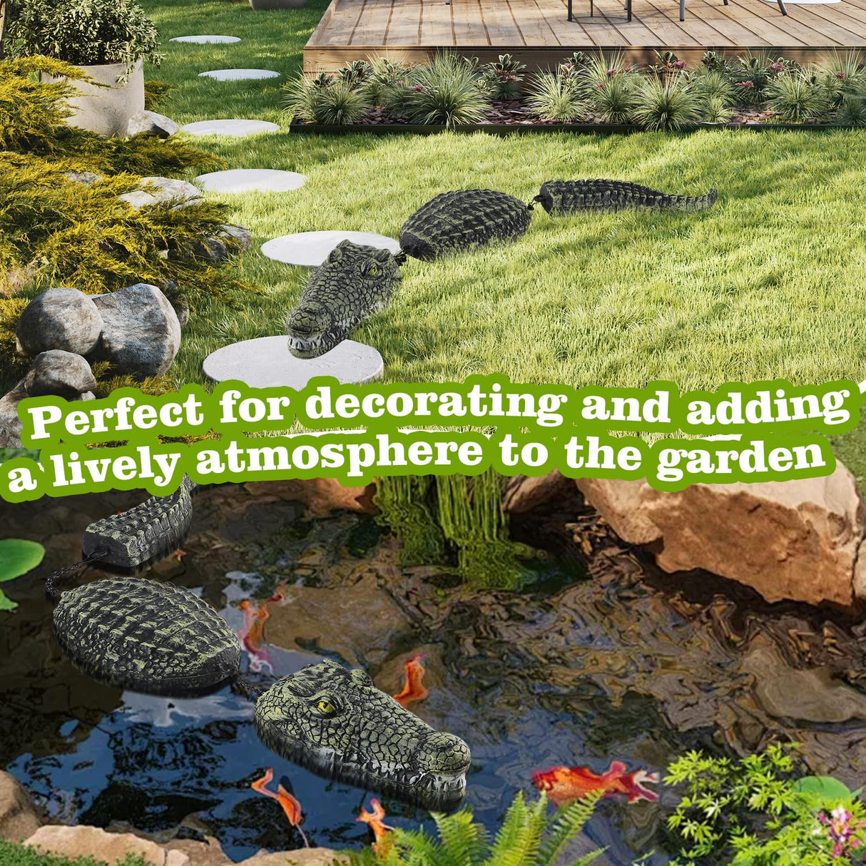 Floating Crocodile Sculpture, 3-Section Simulated Floating Alligator, Pond Floating Alligator Bait for Garden Pond Backyard Decoration (2-Pack)