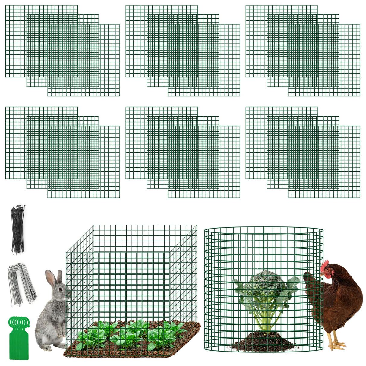 Plant Protectors from Animals - DIY Reusable Plant Cages for Outdoor Plants, Square Mesh Plant Covers Kits, 12"x12" Panels (6/18/30 Pcs) (18, Dark Green)