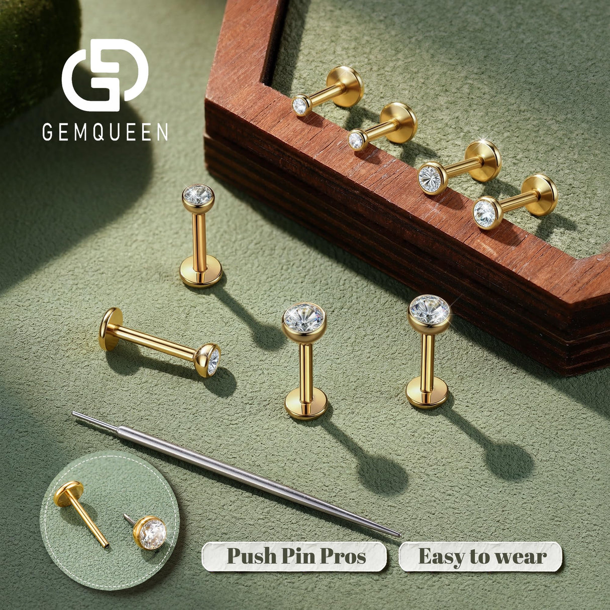 GEMQUEEN G23 Titanium Flat Back Earrings Hypoallergenic : 14K Gold Plated Threadless Bezel Earring 16G Cartilage Helix Tragus Conch Piercing Jewelry Small Nose Lip Labret Studs for Women Men 4 Pairs