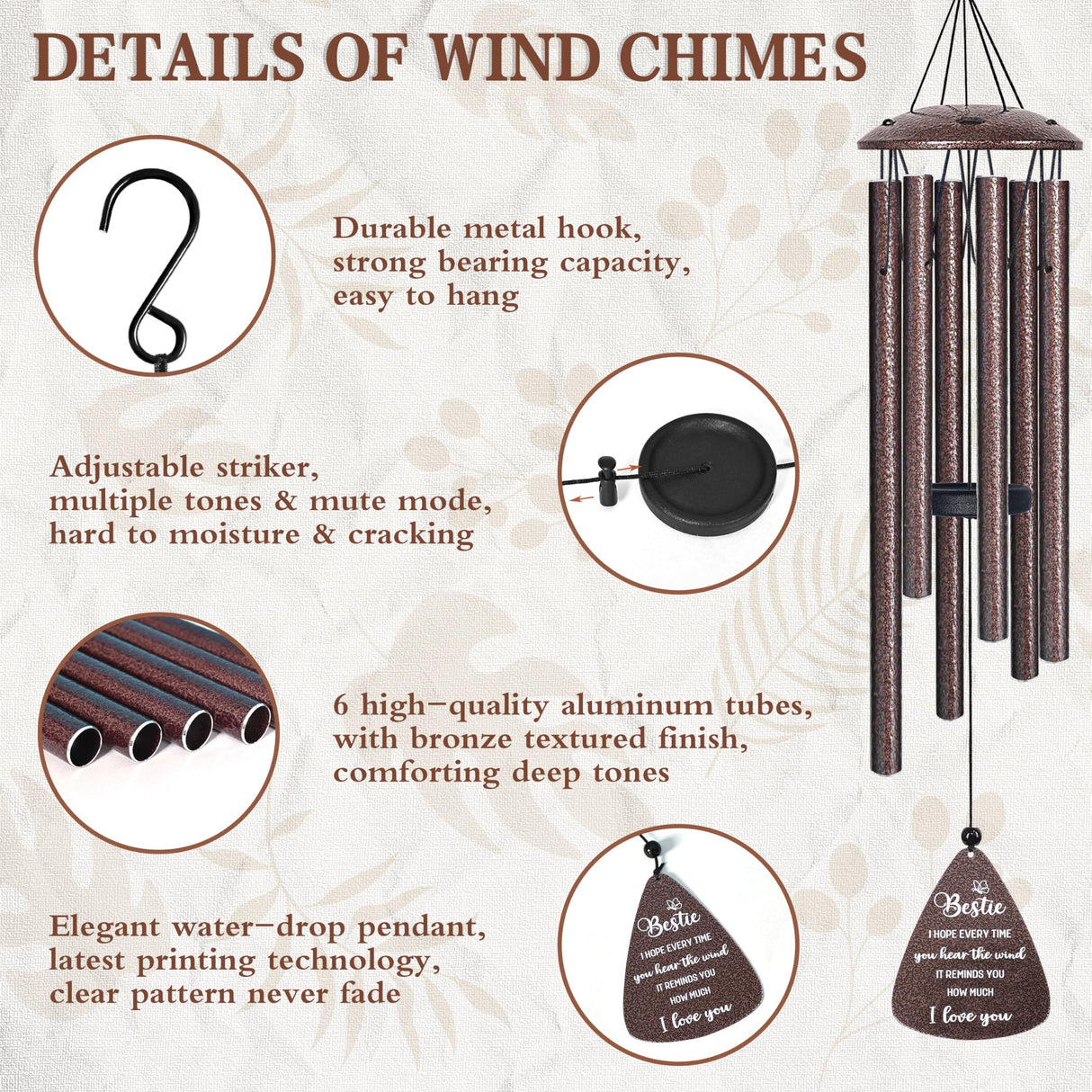 Bestie Gifts for Women, 32" Bronze Wind Chimes, Best Friend Birthday Gifts for Women, Friendship Gift for Birthday Christmas, Unique Bestie Gift Ideas for Woman Female Bestfriend BFF, Home Decor