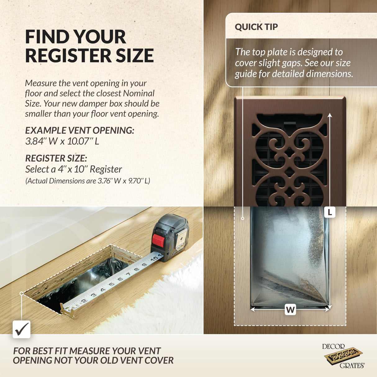 Decor Grates Metal Scroll Decorative Air Vent Cover 4x10 Floor Register – Adjustable Control Lever – AC Floor Vent Covers for Home Floor Vents – Fits 4 x 10 Inch Opening – Rubbed Bronze (SPH410-RB)