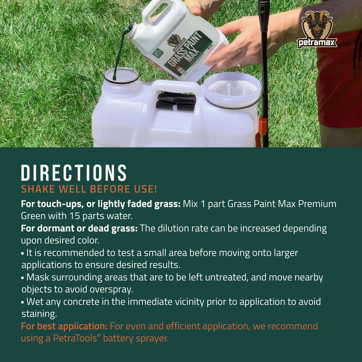 PetraMax Max Grass Paint for Lawn - Maintain Perfect Green Grass, Spray for Lawn & Shrubs Green Spray, Paint Pair with Petra Sprayers - Touch up Dog Spots - Non-Toxic Safe for Pets (Premium, 1 Gal)