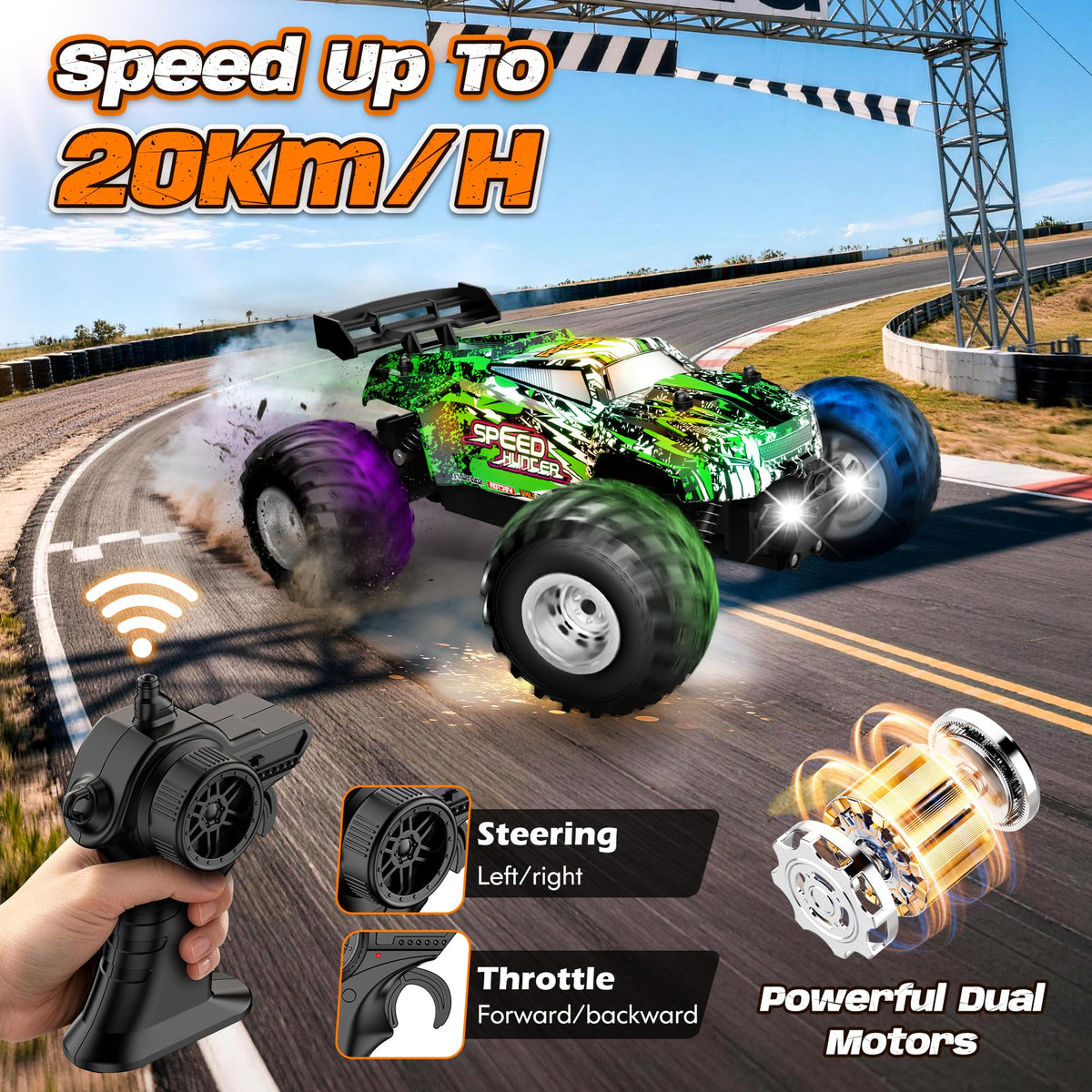 Remote Control Car All-Terrain 1:18 Rc Car with LED Lights 2 Batteries